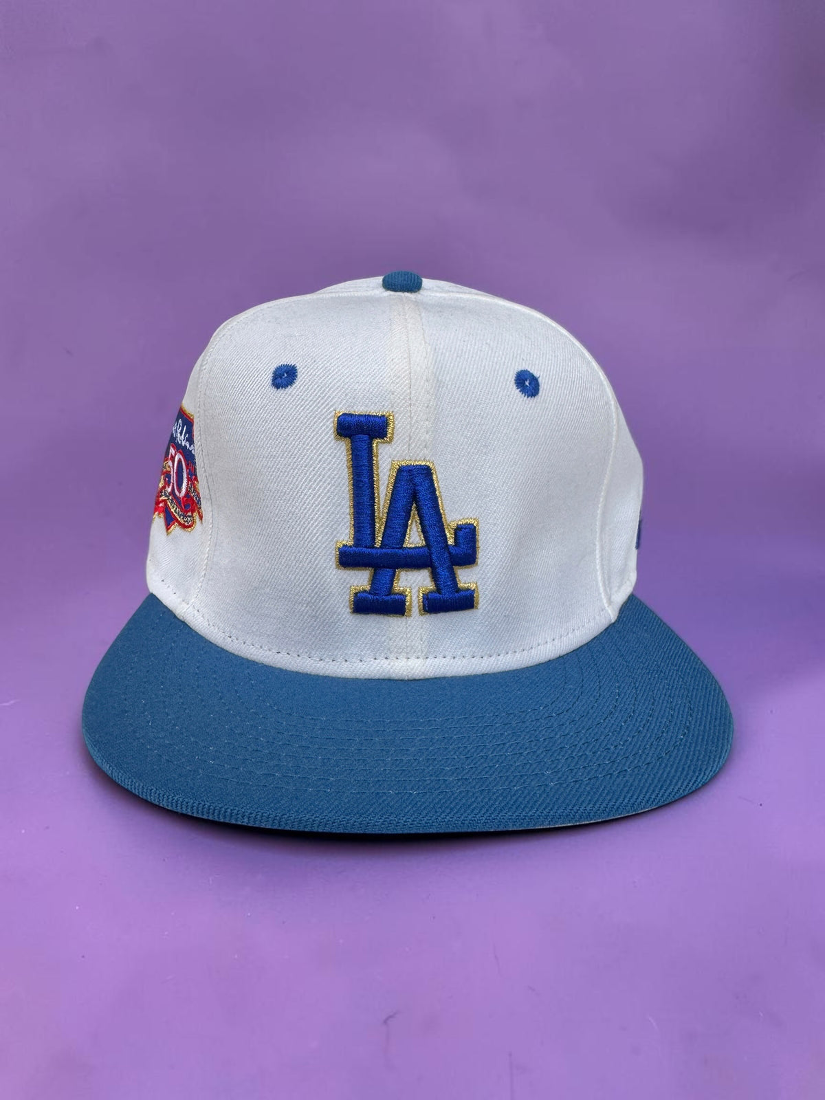 White and Blue LA Baseball Snapback
